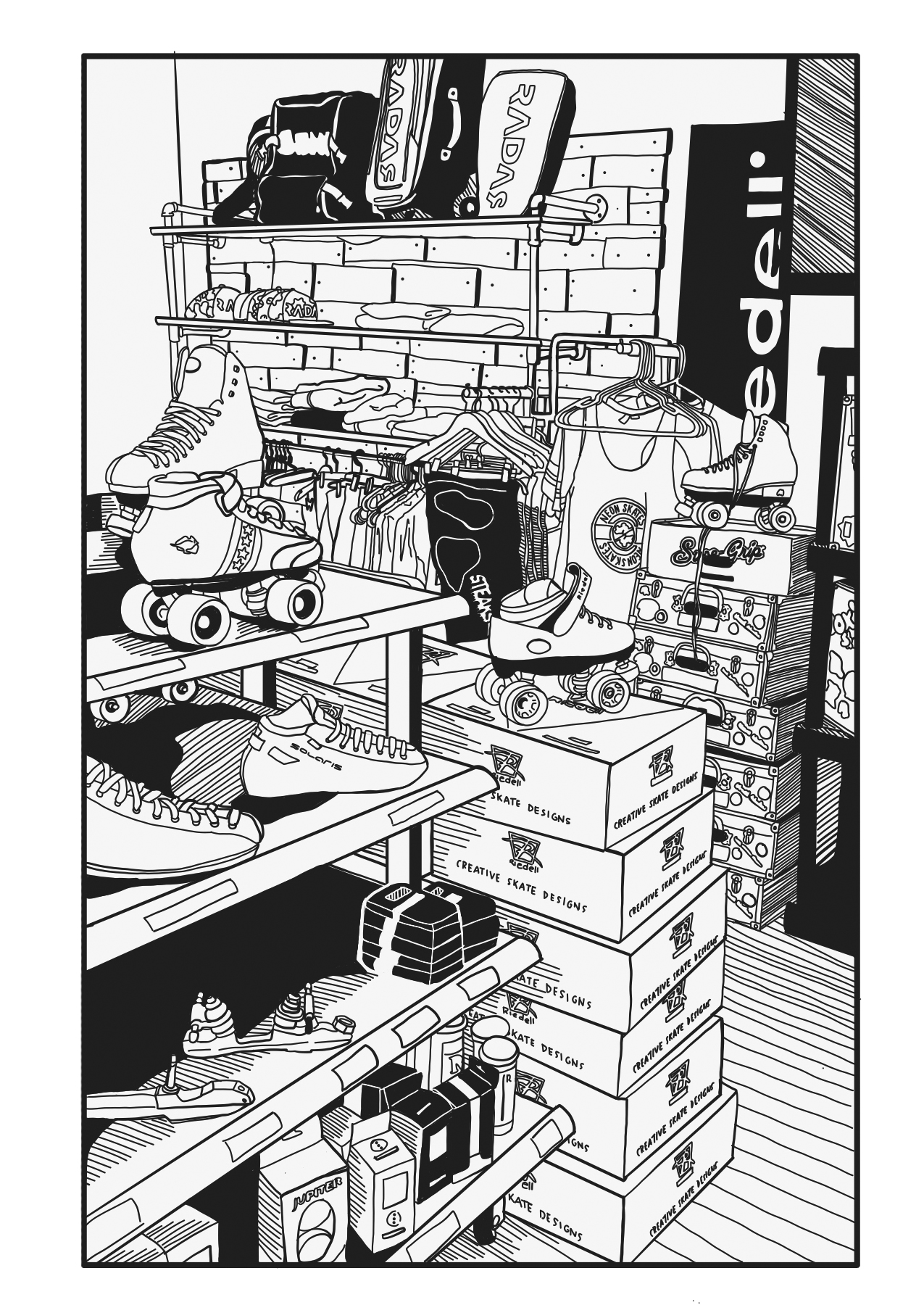 Illustration of the interior of a roller skate shop