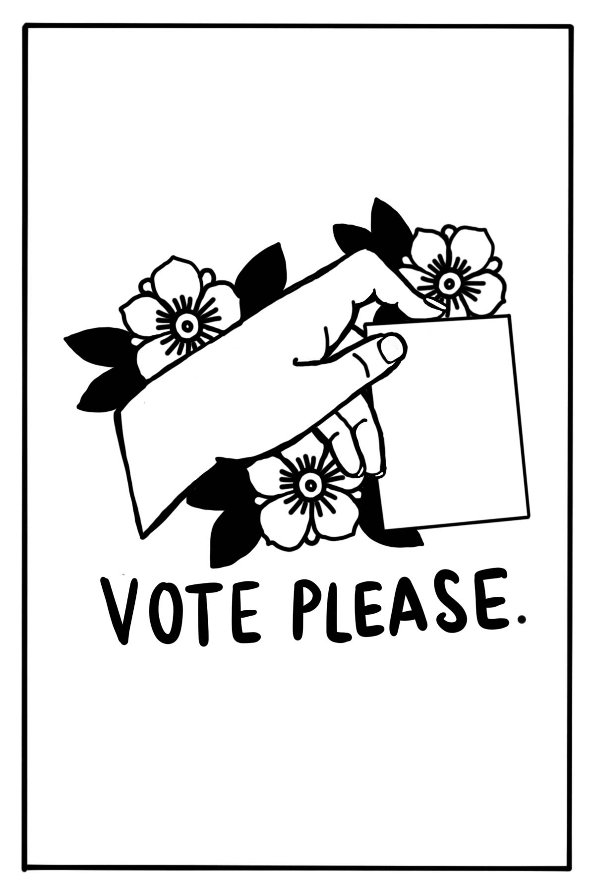 Illustration of a hand holding a card that says vote please