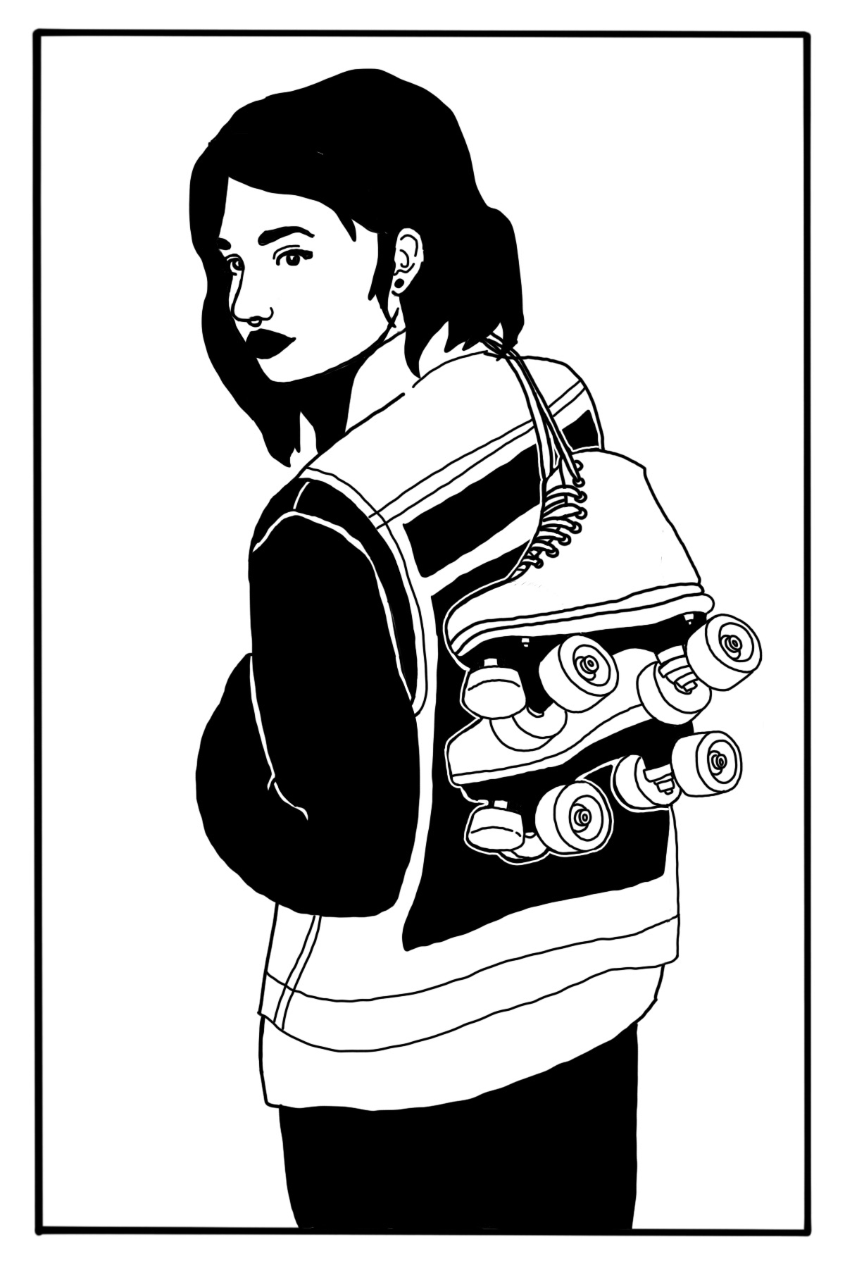 Illustration of a woman carrying a set of roller skates