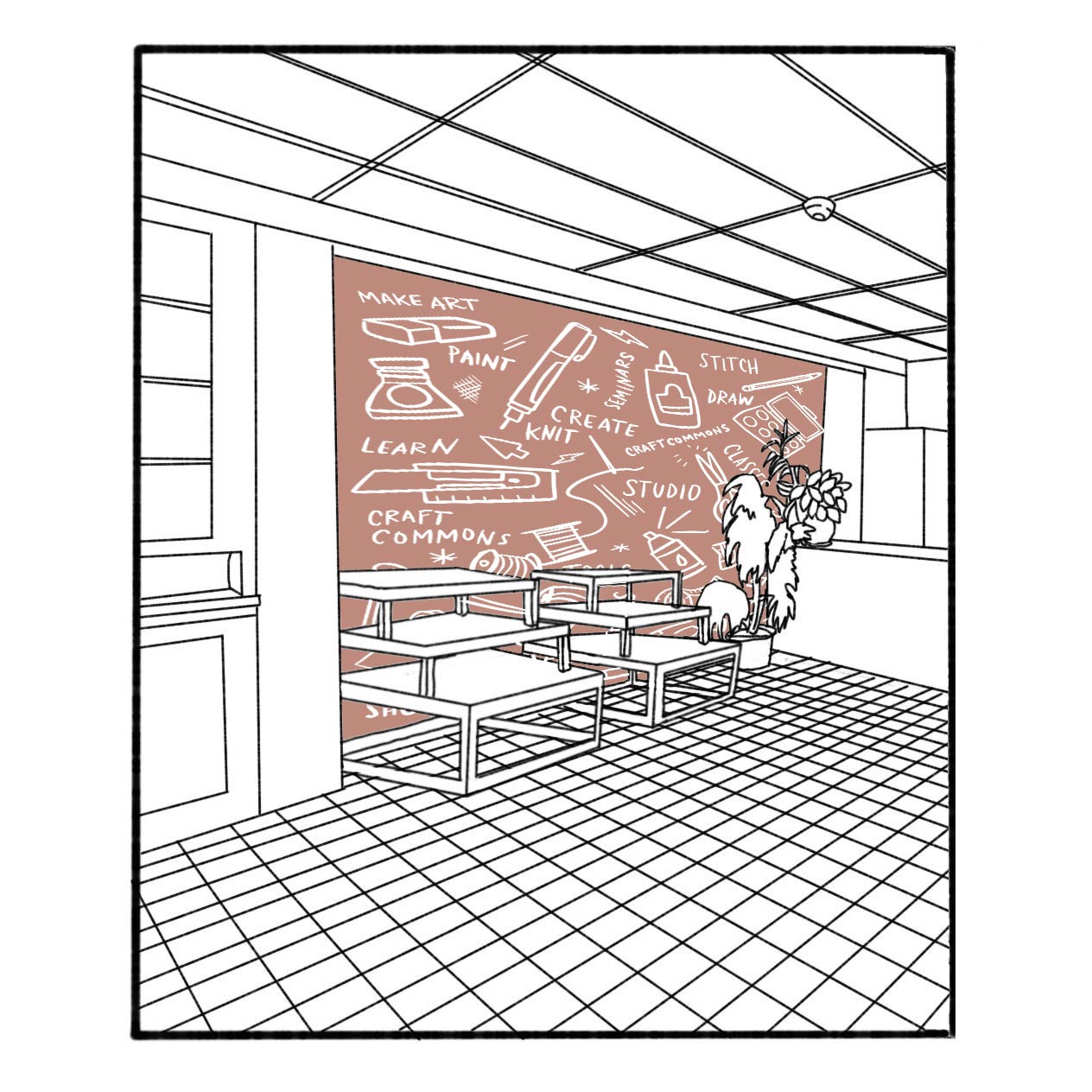 Illustrated mockup of the interior of Craft Commons