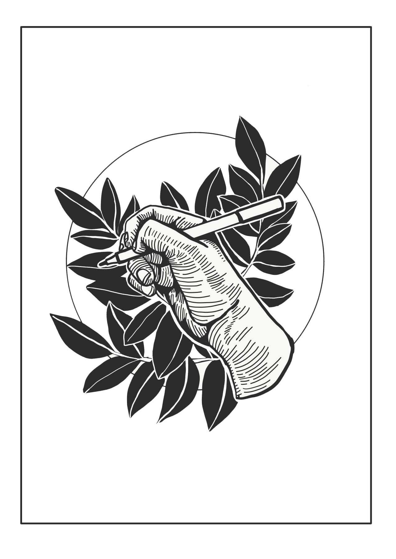 Illustration of a hand holding a pen with leaves in the background